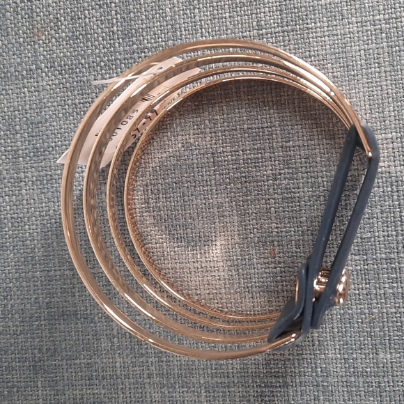 Fun Leather Strap Button Closure Cuff Bracelet Navy Blue Gold Metal Bands - Picture 4 of 7